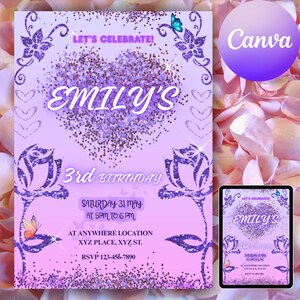 Pode incluir: Um convite de aniversário lilás e rosa com o texto "EMILY'S 3rd BIRTHDAY". O design inclui um coração brilhante, rosas, borboletas e as palavras "LET'S CELEBRATE!" e "Canva". O convite também inclui a data, hora, local e informações RSVP.