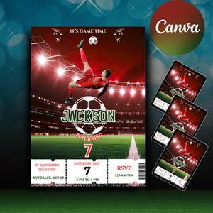 May include: A soccer-themed invitation with a red and green stadium background. The invitation features a soccer player kicking a ball, the name "Jackson", and the number "7". Several smaller invitations are also visible.