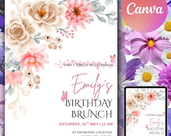 Birthday Brunch Invitation Template, Spring and Summer Wildflowers Birthday Party,Birthday Lunch, Birthday Dinner Invite, Digital Download