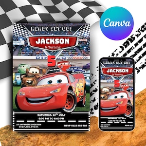 Car Birthday Invitation, Birthday Invitation, LightningMcQueen Invitation, Kids Birthday Invitation, Digital Invitation, Canva Editable