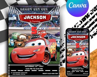 Car Birthday Invitation, Birthday Invitation, LightningMcQueen Invitation, Kids Birthday Invitation, Digital Invitation, Canva Editable