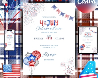May include: A patriotic 4th of July celebration invitation with red, white, and blue elements. The design includes fireworks, balloons, and the text "4th of July Celebration." A smartphone and tablet display the invitation. The word "USA" is at the top.