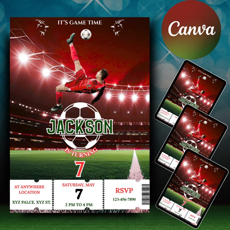 May include: A football-themed birthday invitation with a player kicking a ball in a stadium setting. The invitation includes the name "Jackson", the number "7", and event details. The design is predominantly red and green.