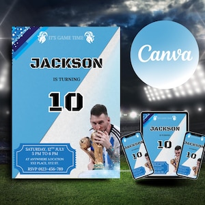 Messi World Cup Birthday Invitation, Blue and White invitation, Editable Messi Invitation, Canva Template, Soccer Birthday Invitation