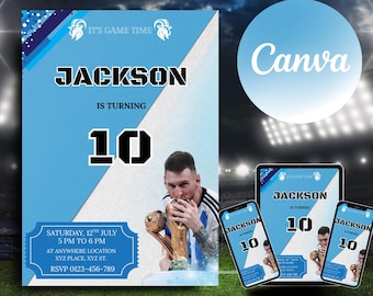 Messi World Cup Birthday Invitation, Blue and White invitation, Editable Messi Invitation, Canva Template, Soccer Birthday Invitation