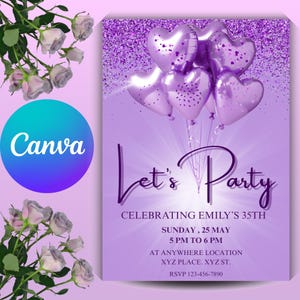 Faire-part violet modifiable, invitation de ballons violets pour faire la fête, faire-part d'anniversaire violet 30e, faire-part d'anniversaire violet 40e et 50e