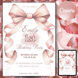 Pink Bow Theme Birthday Invite Pink Bow Birthday Bow Invite Coquette Bow Birthday Girl Birthday Invite Coquette Birthday Invitation Cute