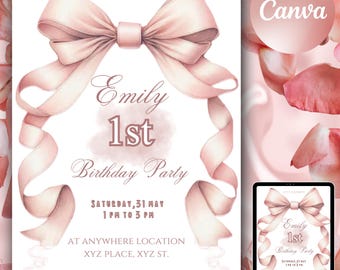 Pink Bow Theme Birthday Invite Pink Bow Birthday Bow Invite Coquette Bow Birthday Girl Birthday Invite Coquette Birthday Invitation Cute