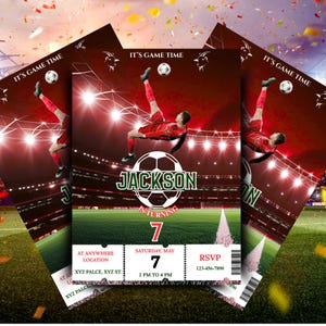 May include: Football-themed birthday party invitations. The design features a football player kicking a ball in a stadium setting. The invitation includes the text "IT'S GAME TIME", the name "Jackson", the number "7", and RSVP information.