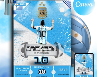 Messi National Team Birthday Invitation, Blue and White invitation, Editable Messi Invitation, Canva Template, Soccer Birthday Invitation