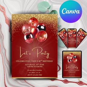 Editable Red and Gold Birthday Invitation, Let&#39;s Party Red Balloons Invite, Printable, Digital Download