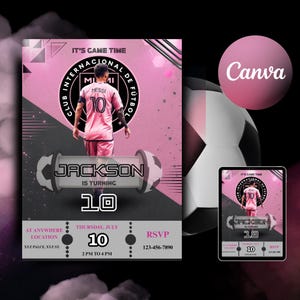 May include: Pink and black soccer-themed birthday invitation featuring a soccer player in a pink jersey. The invitation includes the text "JACKSON IS TURNING 10" and event details. A digital tablet displays the same design.