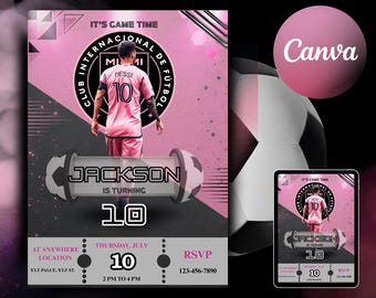 May include: Pink and black soccer-themed birthday invitation featuring a soccer player in a pink jersey. The invitation includes the text "JACKSON IS TURNING 10" and event details. A digital tablet displays the same design.