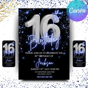 Digital 16th Birthday Invitation, Animated Sweet 16th Birthday Party Invite, Blue Silver Chrome Neon Font, Text Evite, Editable Template