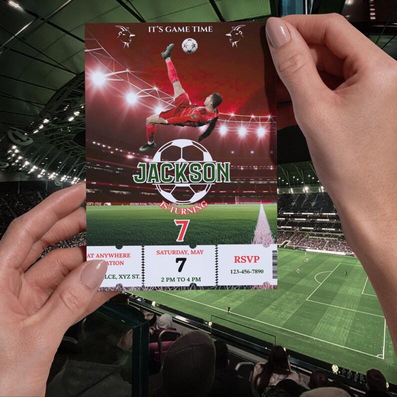 May include: A football-themed invitation card showing a player kicking a ball. The card has the text "IT'S GAME TIME" at the top, with the name "JACKSON" and the number "7" displayed. Includes event details.