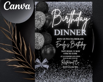 Puede incluir: Invitación a una cena de cumpleaños en negro y plata con globos y un lazo. La invitación dice "Cena de cumpleaños" y "Únase a nosotros para celebrar el cumpleaños de Emily". Incluye detalles del evento e información de RSVP.