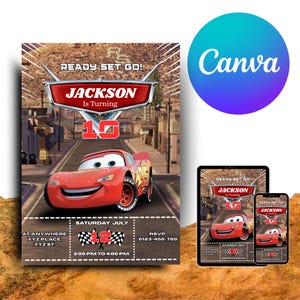 Car Birthday Invitation, Birthday Invitation, LightningMcQueen Invitation, Kids Birthday Invitation, Digital Invitation, Canva Editable
