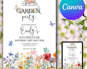 Wildflower Birthday Invitation Garden Party Invite Girl Birthday Pink Purple Wild Flower Floral Spring Flowers Butterfly EDITABLE