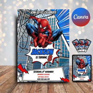 May include: A birthday party invitation featuring Spider-Man in a dynamic pose against a cityscape backdrop. The invitation includes the text "JOIN US TO CELEBRATE", "JACKSON IS TURNING 8", and event details. Additional digital mockups are also shown.