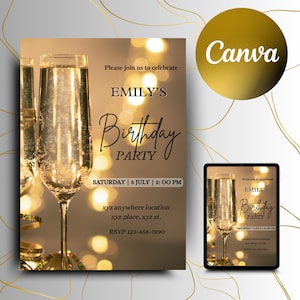May include: A digital invitation for Emily's birthday party, featuring two champagne flutes filled with bubbly liquid. The invitation includes the text "Please join us to celebrate," the date, time, location, and RSVP information. The Canva logo is in the upper right corner.