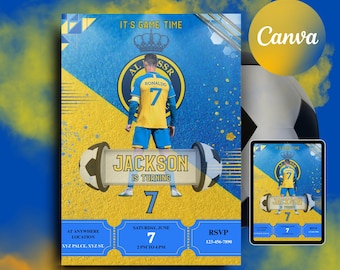 Ronaldo Al Nassr verjaardagsuitnodiging, CR7-uitnodiging, bewerkbare Ronaldo-uitnodiging, voetbal verjaardagsuitnodiging, voetbal verjaardagsuitnodiging