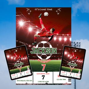 May include: Football-themed birthday party invitation with a red and green stadium background. The invitation features a football player kicking a ball, the name "Jackson", and the number "7". Includes RSVP details.