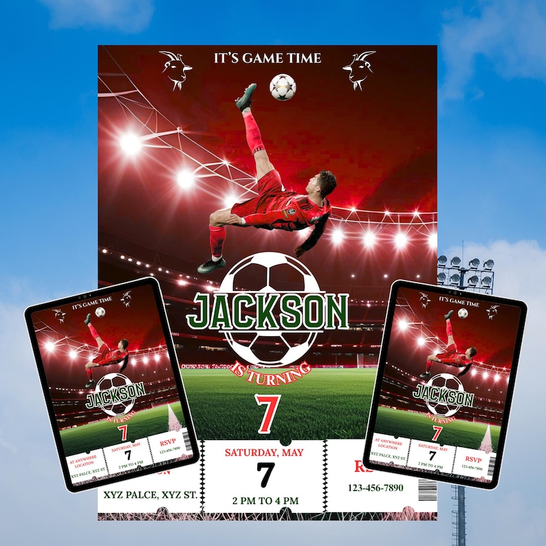 May include: Football-themed birthday party invitation with a red and green stadium background. The invitation features a football player kicking a ball, the name "Jackson", and the number "7". Includes RSVP details.