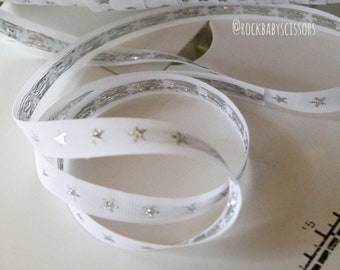 1/2" (12.7 mm) White Twill Tape with Metallic silver stars BY THE YARD