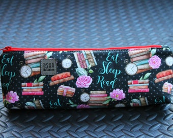 Eat, Sleep, Read zipper pouch with waterproof canvas lining | book lover