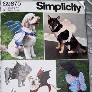 May include: Simplicity pattern S9875 for dog costumes. The pattern includes designs for various costumes, including bat wings and butterfly wings. The size range is S-L. The pattern is designed and printed in the USA.