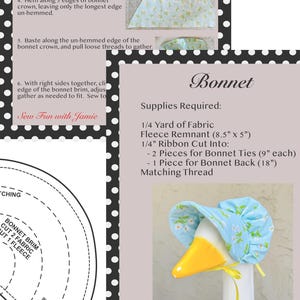 Pode incluir: Um padr&atilde;o de costura para um cap&ocirc; com instru&ccedil;&otilde;es e diagramas. O padr&atilde;o inclui requisitos de tecido, como 1/4 jarda de tecido e l&atilde; polar. &Eacute; mostrado um cap&ocirc; acabado, com um tecido floral azul e la&ccedil;os de fita amarelos.