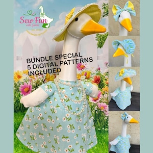 May include: A white goose figurine wearing a light blue dress with a white daisy pattern, a pearl necklace, and a yellow-trimmed sun hat. Text reads: Sew Fun with Jamie, BUNDLE SPECIAL 5 DIGITAL PATTERNS INCLUDED. Four smaller images show variations.