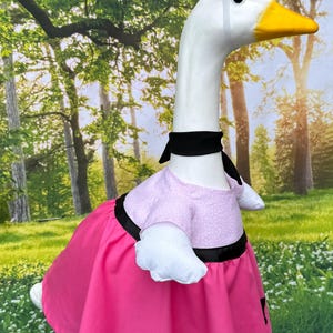 May include: A goose costume with a white head, yellow beak, and pink feather. The goose wears a pink dress with black trim and a black necktie. The background is a forest scene.