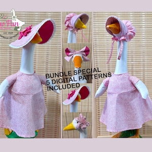 May include: A collection of five outfits for a decorative goose figurine, featuring pink fabric with white swirl patterns. The set includes dresses, bonnets, and hair bows with floral accents. Text on the image reads: BUNDLE SPECIAL 5 DIGITAL PATTERNS INCLUDED.