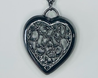 Black Filigree Heart Necklace, Long Gunmetal Chain Gothic Jewelry
