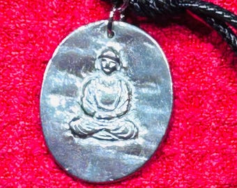 Vintage 1980s Pewter Buddha Necklace, Seated Buddha Pendant on Black Cord, Zen Meditation Spiritual Jewelry