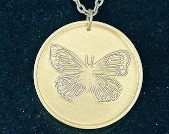 Bronze Butterfly Serenity Prayer Medallion Necklace, 24 Inch, Inspirational Recovery Jewelry