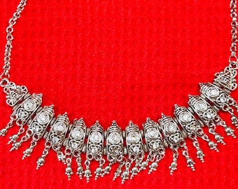 Oxidized Silver Tone Fringe Choker Necklace, Tribal Style Boho Bib Statement Jewelry