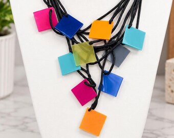 Sylca Designs Ginny Necklace, Colorful Geometric Multi Strand Statement Necklace, Adjustable Cord Art Jewelry