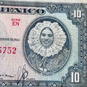 1954 Mexiko 10 Pesos Banknote – Tehuana Note - Altes mexikanisches Papiergeld – Alte Sammlernote der Banco de México