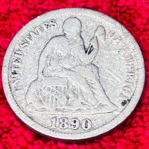 1890 Seated Liberty Silver Dime: 90% Silver Antique US Coin