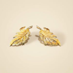 Vintage Marcel Boucher Signed Numbered Clip On Earrings, Gold Tone Feather Leaf, 1950s Designer Costume Jewelry