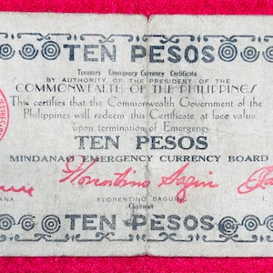 1943 Philippines 10 Pesos Guerrilla Note: WWII Mindanao Emergency Currency