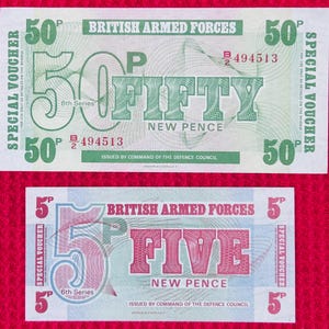 Vintage British Armed Forces Military Vouchers - Lot of 2 - 1972 5 New Pence - 1972 50 New Pence - UK Military Cold War Collectible