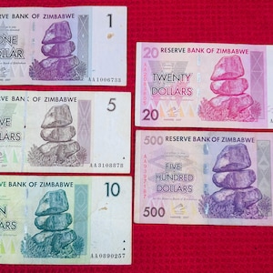 Simbabwe Dollar Banknoten Lot 2007 - 1, 5, 10, 20 & 500 Dollar Scheine | Hyperinflation Ära Währung 5er Set