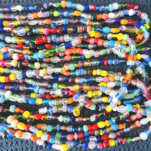 Lot of five 30 inch multicolor Indian seed bead necklaces with colorful mixed beads for layered boho jewelry