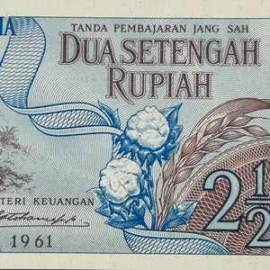 1961 Indonesien 2 1/2 Rupiah Banknote – Vintage Indonesische Währung – Geld aus der Sukarno Ära – Seltenes asiatisches Papiergeld – Sammler Weltbanknote