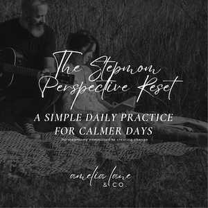 Puede incluir: Un gráfico en blanco y negro con el texto The Stepmom Perspective Reset, A SIMPLE DAILY PRACTICE FOR CALMER DAYS, for stepmoms committed to creating change, y amelia lane & co. La imagen muestra a dos personas sentadas sobre una manta estampada.