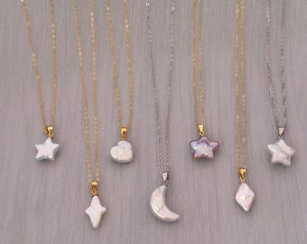Barock Perlen Anhänger: Sterling Silber Herz, Stern, Mond oder Diamant Minimalist Schmuck