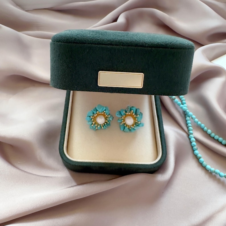 Handmade Turquoise and Pearl Flower Stud Earrings - Boho Jewelry image 14